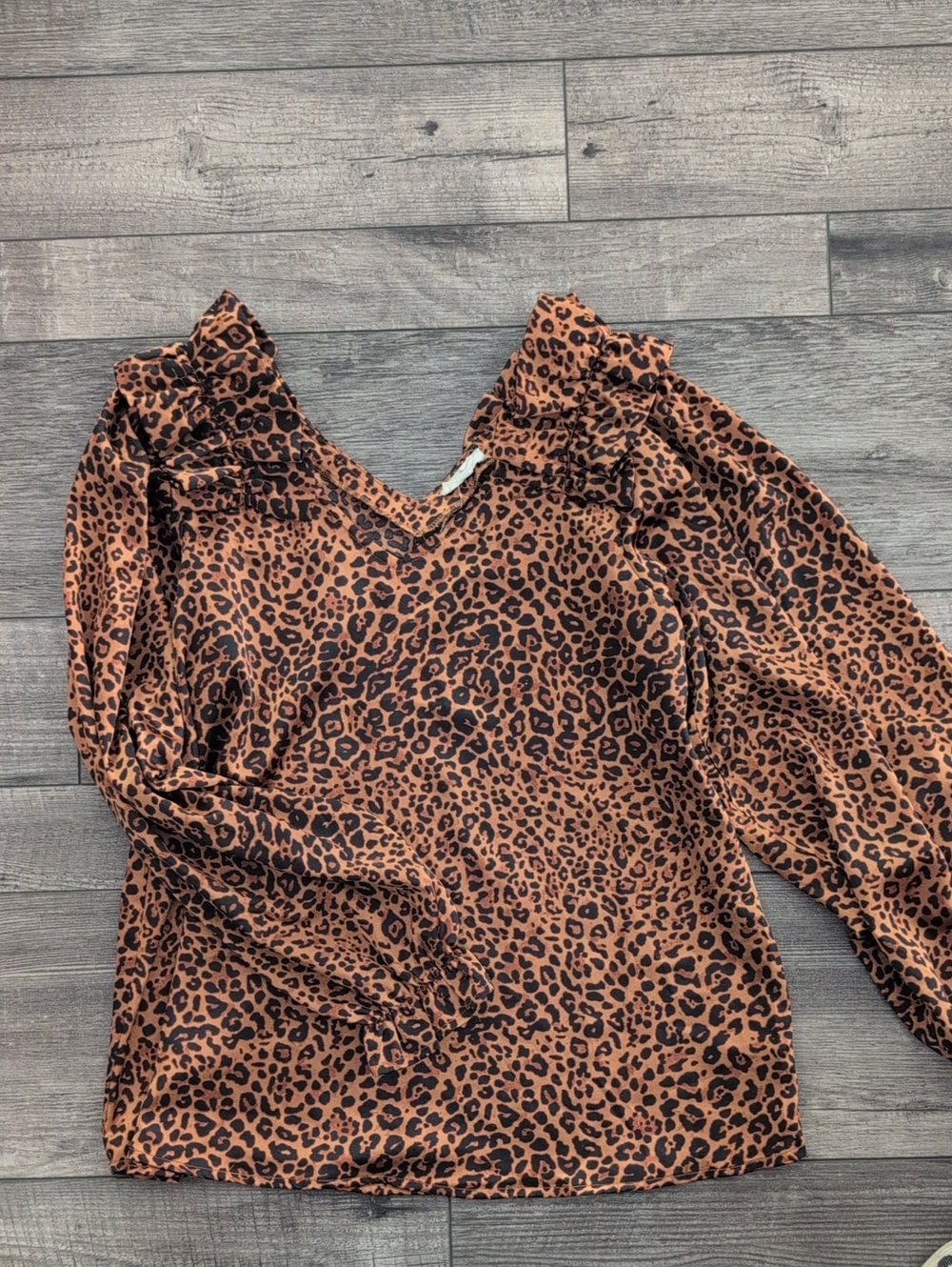 entro Leopard-Print V-Neck Ruffle Shoulder Blouse in Rust and Black